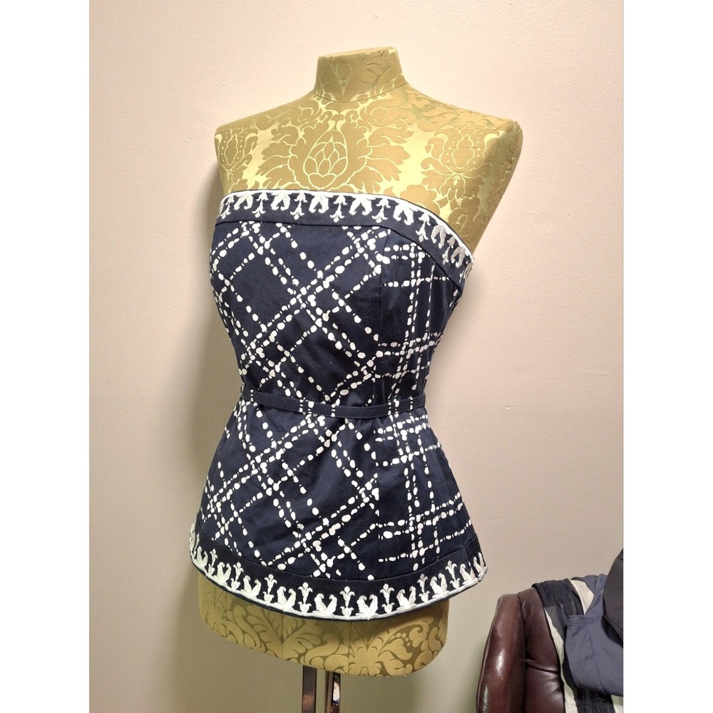 White House Black Market Navy Belted Embroidered Strapless Corset Boustier Top 6